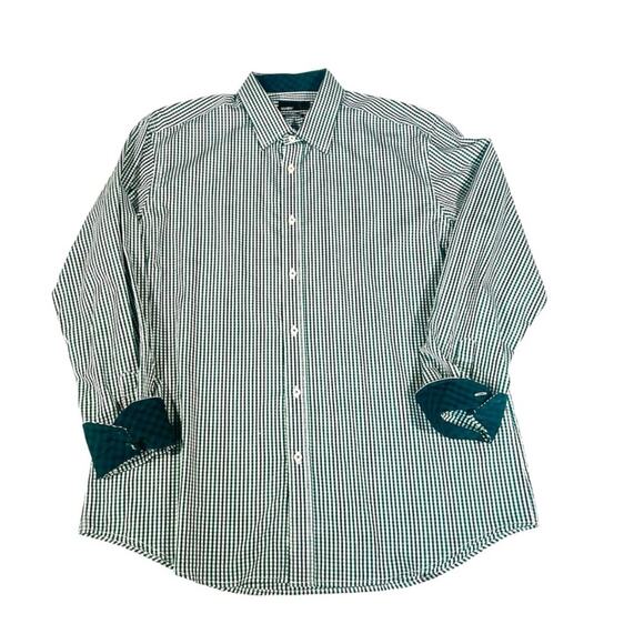 Quieti Mens Button Down Plaid Shirt Size XXL Fine Cotton Long Sleeve Green White - Picture 1 of 10